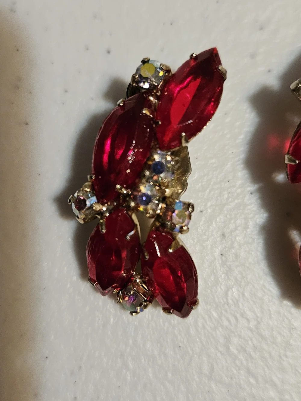 Vintage Red Marquise Aurora Brooch and Clip-On Earrings Set.